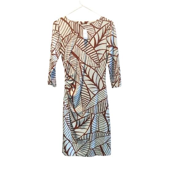 J. McLaughlin Blue and Brown 3/4 Sleeve Sheath Dress Size XSmall/With Stretch - Picture 1 of 3